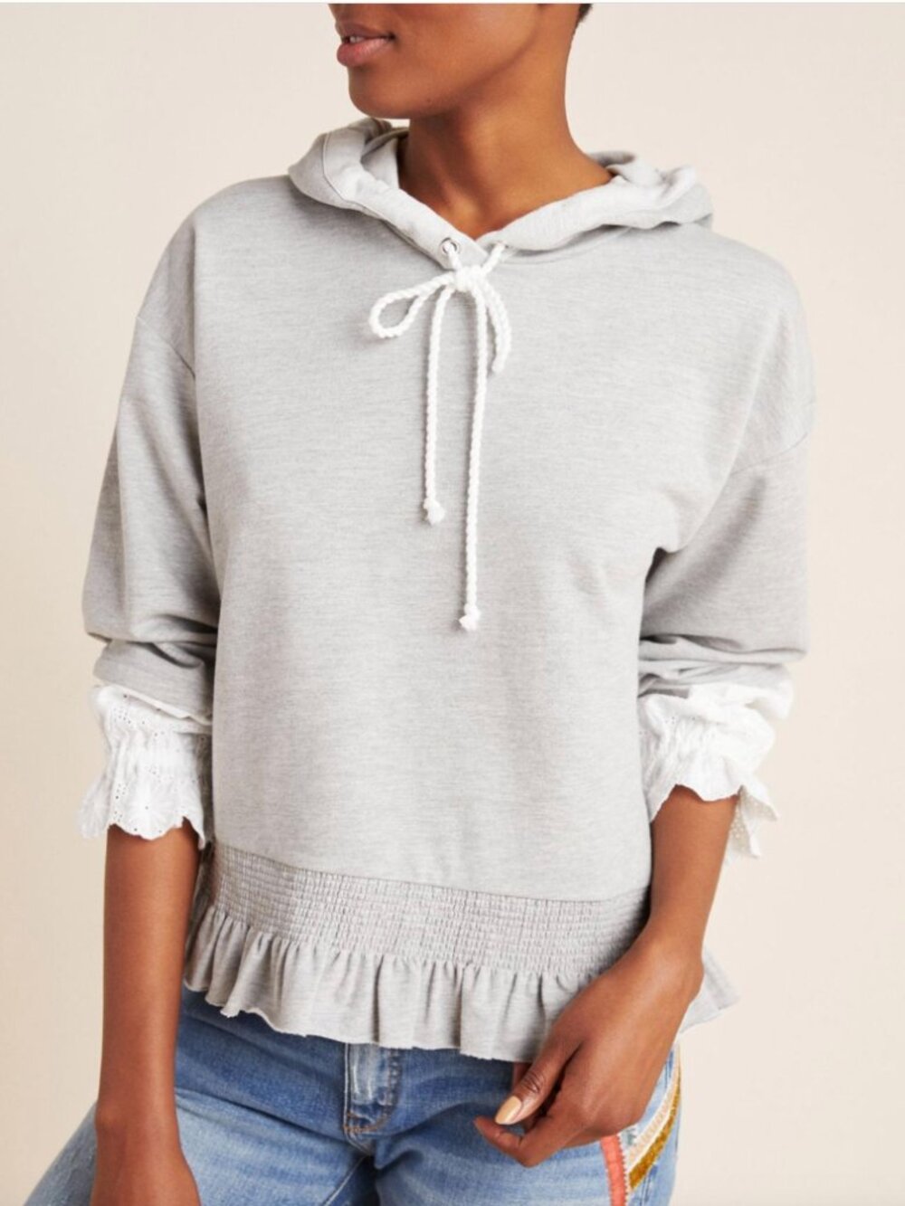 Anthropologie Lace Sleeve Hoodie Ruffle Hem Gray Pullover Boho Romantic Size L